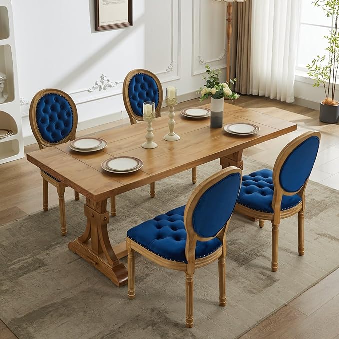 Ball & Cast French Vintage Upholstered Dining Chairs Set of 2, Button Tufted Kitchen Side-Chairs with Carved Antique Wood Frame & Nailhead Trims, 2-Piece Curved Backrest Louis Chair, Velvet Blue