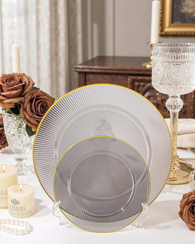 Hioasis 60pcs Black and Gold Plastic Plates - Black Disposable Dinnerware Set, 30pcs Dinner 10.25in & 30pcs Dessert 7.5in Plates with Striped Designs for Party & Wedding