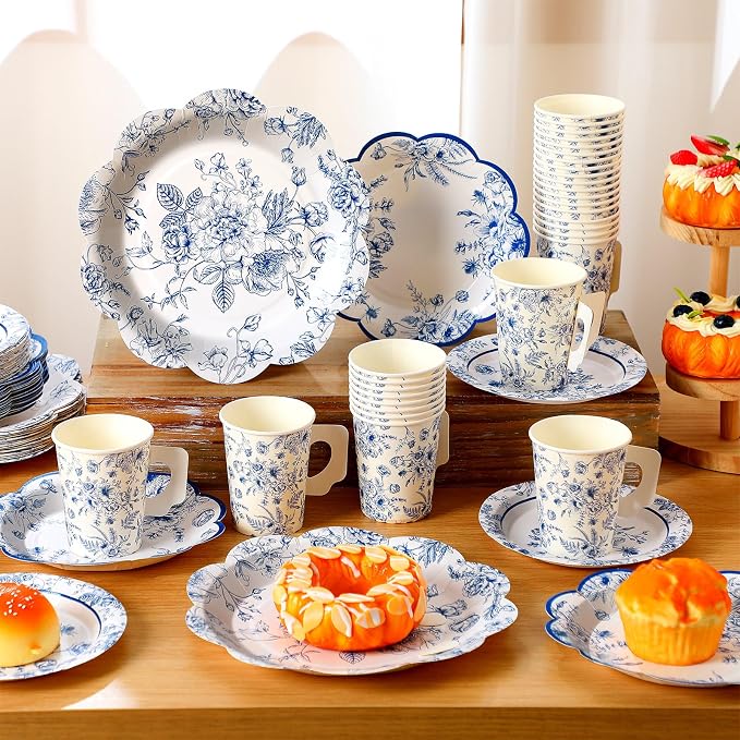 Pickmesh 252 Pcs Blue Floral Tea Party Supplies - Image 3