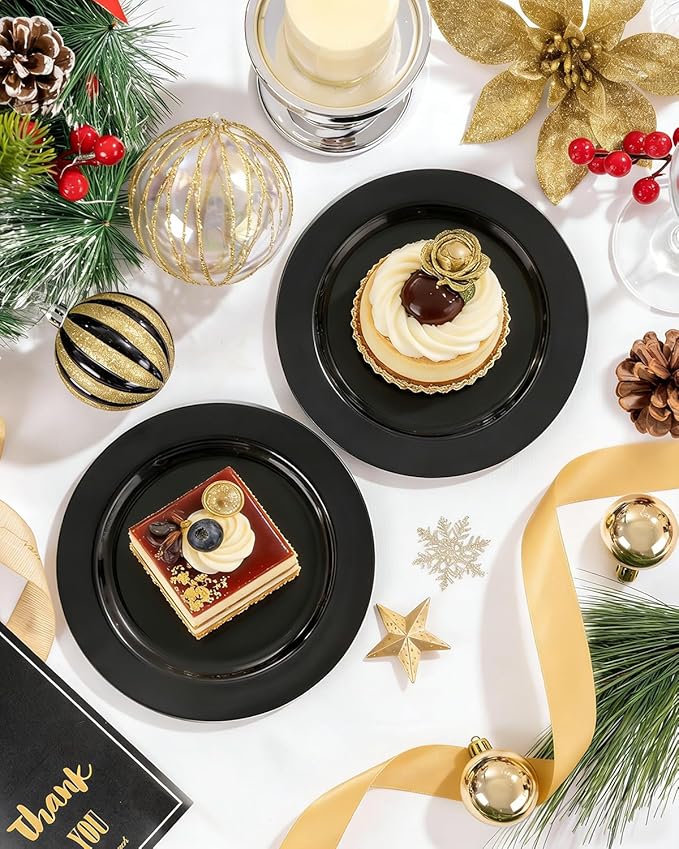 bUCLA 100 Pieces Black Plastic Plates - 6.25 inch Disposable Dessert/Salad/Appetizer/Small Cake Plates for Party, Graduation & New Year