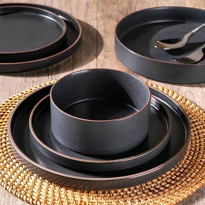 LERATIO Ceramic Dinnerware Sets for 6, High Edge Stoneware Plates and Bowls Set, Chip and Crack Resistant | Oven & Dishwasher & Microwave Safe Dishes Set, Service for 6 -Ashen