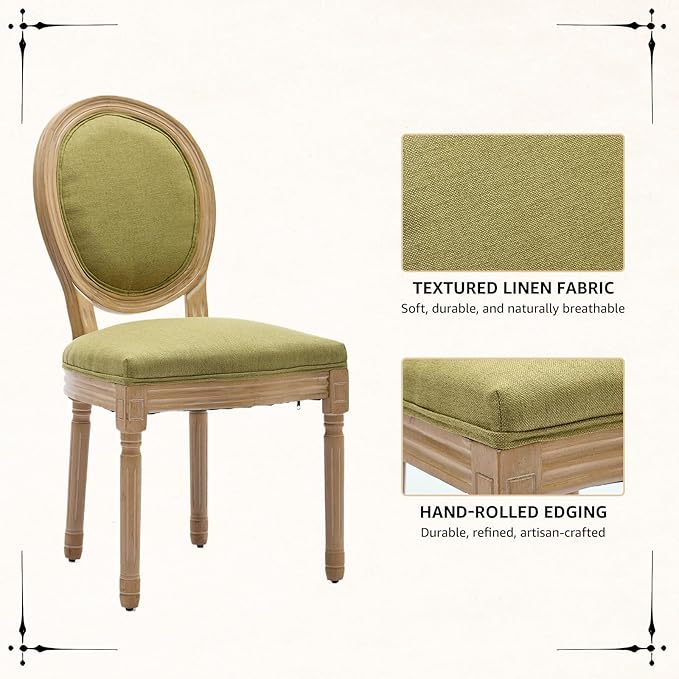Vintage French Dining Chairs Set of 2, Round Back Upholstered Accent Chairs in Linen Fabric with Solid Wood Frame, Farmhouse Sillas de Comedor for Dining Room & Kitchen, Olive Green