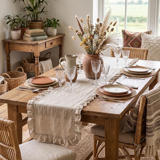 6 Pcs Neutral Beige Ruffled Table Runner, 13 x 72 Inch | Linen Kitchen Dining - Image 3