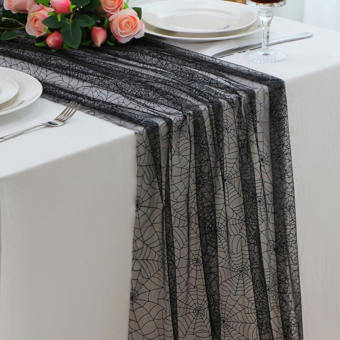 Snowkingdom Halloween Table Runner, 10 FT Black Spider Web Runners Metallic - Image 2