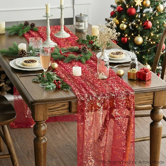Artoid Mode Red Gold Gauze Table Runner 120 Inch 10Pcs, Glitter Metallic Foil Sheer Dining Wedding Anniversary Holiday Table Decor for Home Party