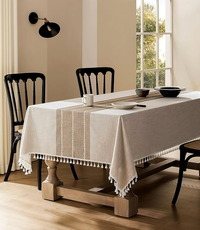 ZeeMart Contrast Linen Table Cloth Rectangle Table Cloths 52x70 Inch Brown, Farmhouse Style Heavy Weight Beige Tablecloth, Water Resistant Burlap Tablecloths