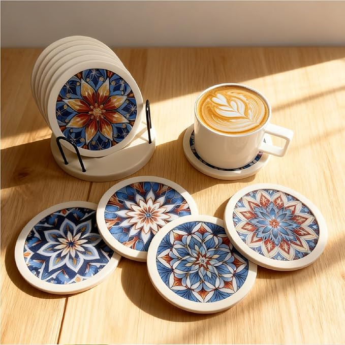 Mandala Non-Slip Silicone Coasters, 4-Pack Double-Sided Absorbent Cup Mats for Hot & Cold Drinks, Scratch & Water Ring Protection for Wood Tables, Home Office Bar Use (6PC Wanda La)