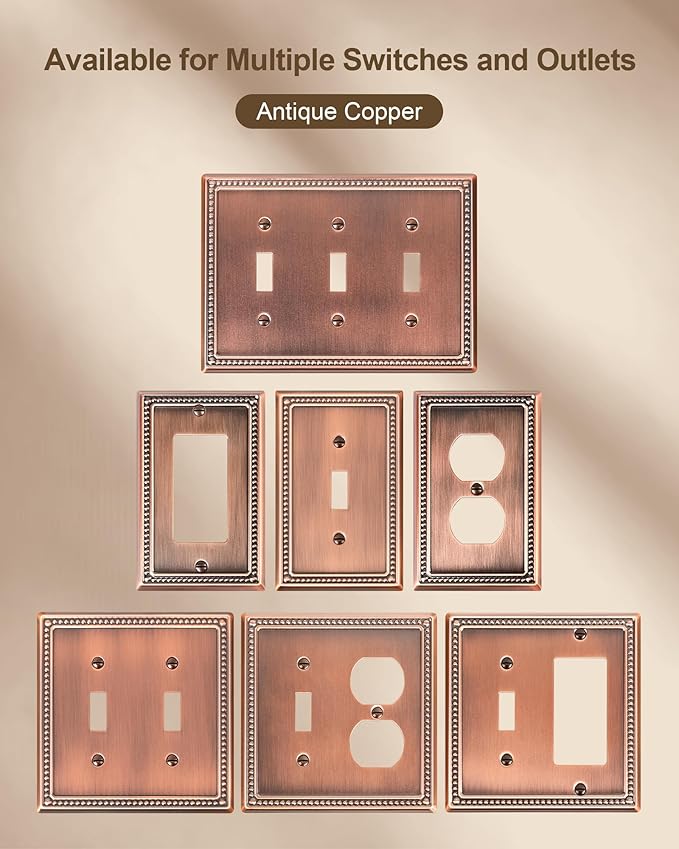 2-Pack Combo Toggle/Duplex Light Switch Cover Plate, Antique Copper Metal Wall Outlet Cover Plate, Decorative Classic Beaded Wall Socket Receptacle Cover for Electrical Outlets, Light Switch