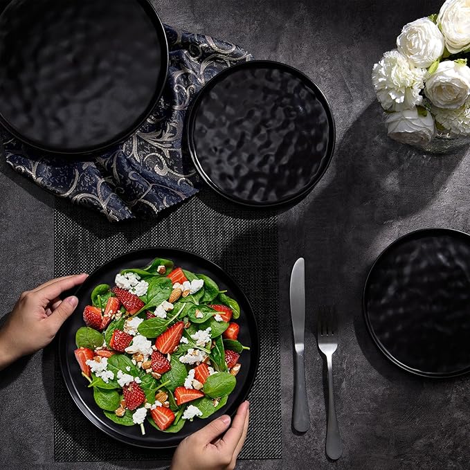 LIANYU Ceramic Dessert Plates Set of 6, 10.2 Inch Dinner Appetizer Plates for Kitchen Dining, Porcelain Round Plate Serving Cake Bread Salad Snack, Microwave & Dishwasher Safe, Obsidian Black