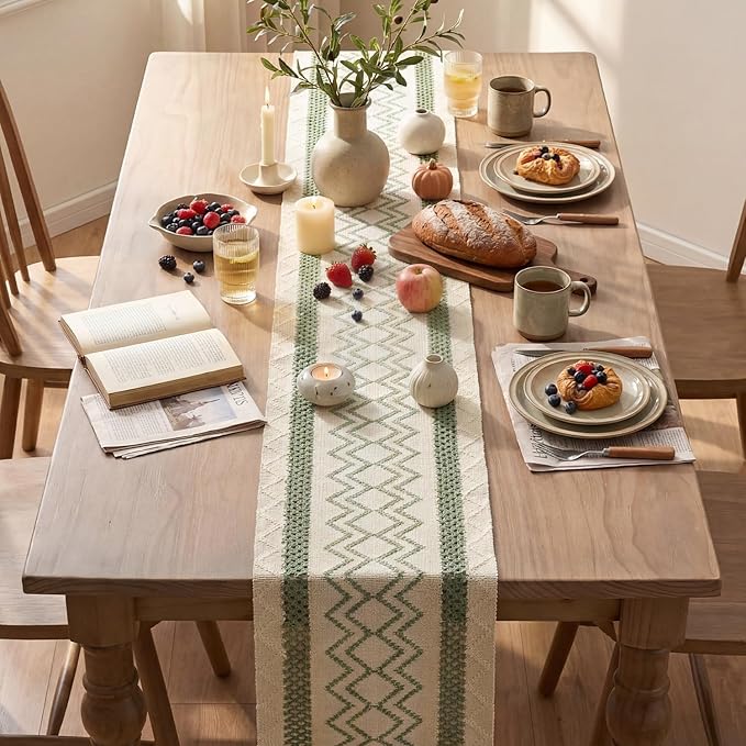 Artoid Mode Sage Green Stripe Diamond Woven Table Runner 12x108 Inch | Holiday - Image 4