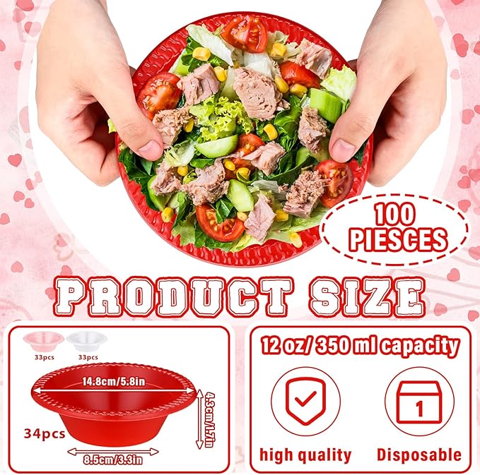 Layhit 100 Pcs Valentine's Day Plastic Bowls 12 oz Red Pink White Disposable Plastic Dessert Serving Party Supplies Salad Candy Snack Bowls for Holiday Wedding Party Picnic