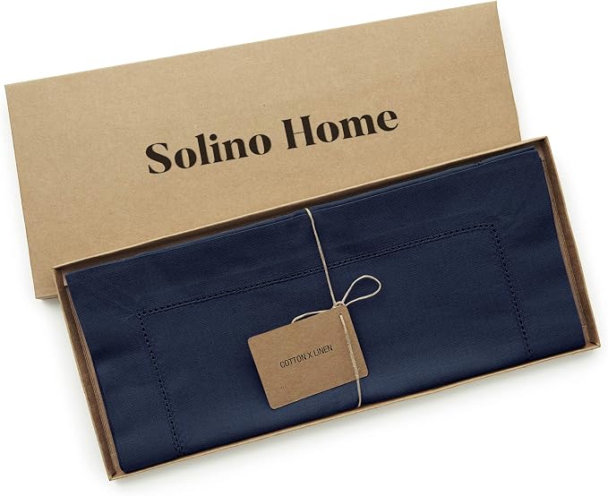 Solino Home Cotton Linen Dining Table Runner Navy Hemstitch, 14 x 108 in | - Image 4