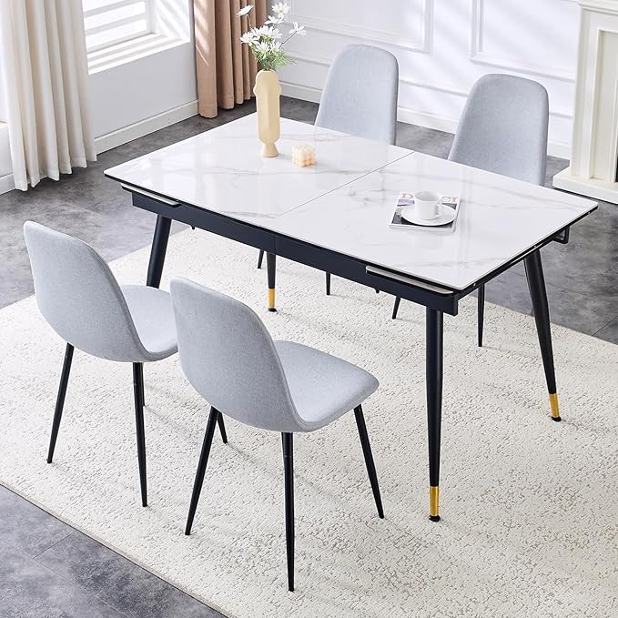 Extendable Dining Table Set for 4, 55'' to 78.8'' Rectangular Thickened Sintered Stone Kitchen Table with 4 Upholstered Chairs, Modern Space Saving 5-Piece Dinner Table Set