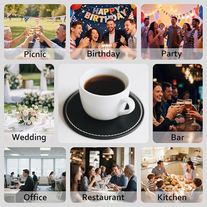 Custom Personalized Leather Coasters - Set of 6 | DIY Name, Photo, or Logo Coasters for Coffee Table, Bar, Beer, Wine | Ideal Housewarming Gift,Black