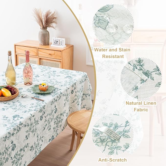 H.VERSAILTEX Linen Table Cloths Floral Printed Tablecloth Spill-Proof Waterproof Table Cover for Dining Buffet Feature Soft and Thick Fabric Wrinkle Free, 60 x 104 Inch, Retro Floral - Sage