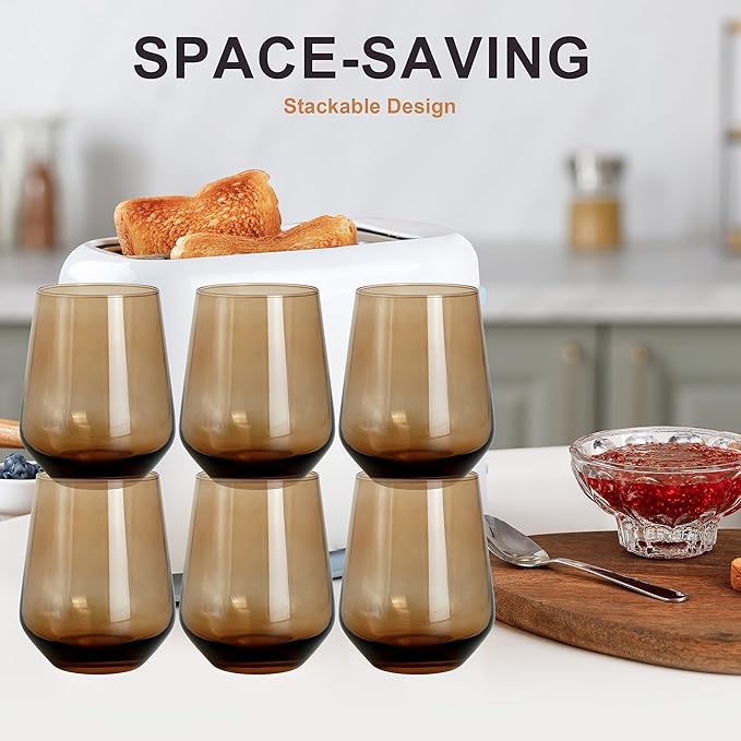 Brown Stemless Wine Glasses Set of 6, 15oz Drinking Glassware Dishwasher Safe, Wine Glass Tumblers for Red or White, Gift for Party, Holiday, Anniversary, Restaurant, Home Bar, Daily Use