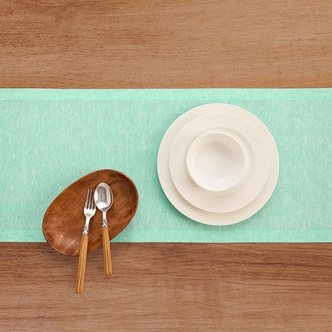 Solino Home Linen Table Runner 36 Inches - 100% Pure Linen Chambray Aqua Table Runner 14 x 36 Inch Ideal for Dresser and Coffee Tables - Athena, Winter, Spring, Easter