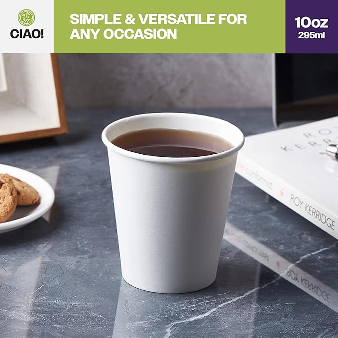 CIAO! 10oz White Paper Hot Cup, Disposable, 90mm Diameter 1,000 Count