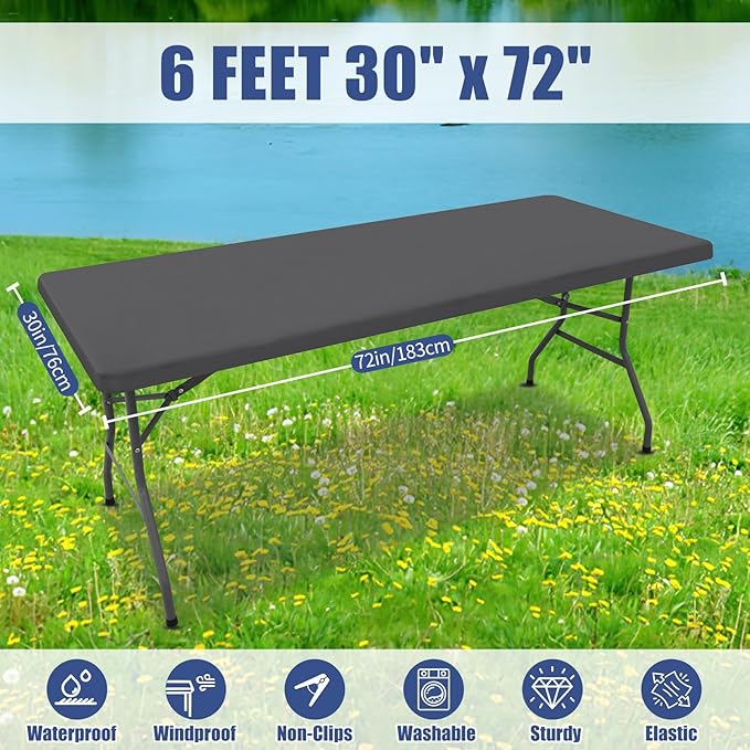 Spandex 6 Foot Rectangle Table Cloth 2 Pack, Elastic Fitted Tablecloths for Picnic, Stretch Washable Patio Table Cover for Outdoor, Camping, Banquet and Parties (Dark Grey, 30"x72")
