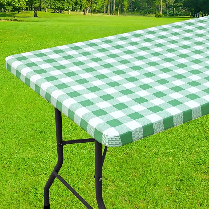 Smiry Rectangle Picnic Table Cloth, Elastic Waterproof Fitted Vinyl Tablecloths, Flannel Backed Buffalo Plaid Table Covers for Dining, Camping, Outdoor (Sage Green and White, 30" x 60")