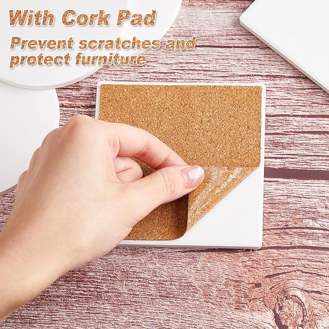 Zopeal 96 Pcs Ceramic Tiles for Crafts Coasters Include Unglazed White Ceramic Tiles with Cork Backing Pads Use with Alcohol Ink Acrylic Pouring for DIY Project Gift (Square,Round)