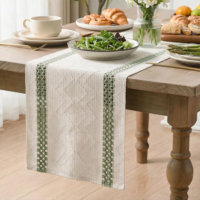 Artoid Mode Sage Green Stripe Woven Rustic Table Runner 12x120 Inch | Holiday - Image 3