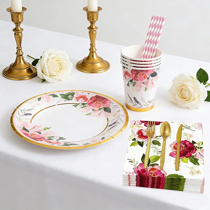 280PCS Floral Paper Plates and Napkins Party Supplies for 35 Guests Disposable Tableware with Plates Napkins Cups Cutlery Straws for Bridal Shower Birthday Party