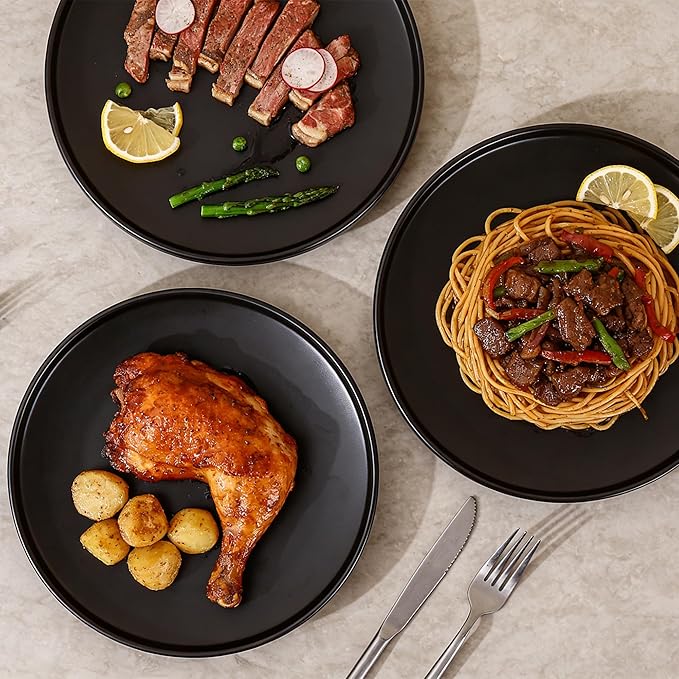 GZG Ceramic Dinner Plates Set of 4,10 Inch Stoneware Dishes Set,Microwave and Dishwasher Safe Kitchen Utensils,Stackable,Scratch Resistant (Matte Black)