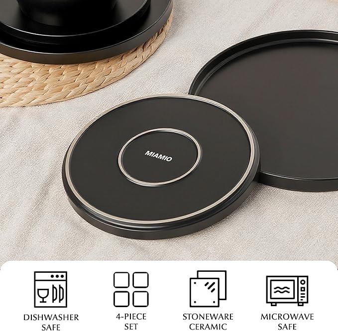 MIAMIO – Ceramic Dinner Plates Set for 4 People/Ceramic Dinnerware 4-Piece, Modern Stoneware, Dishwasher & Microwave Safe – Luxe Collection (Black, 10 Inch)
