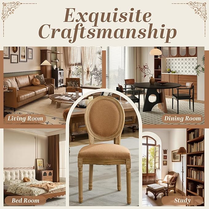 SoarFlash French Dining Chairs Set of 2, Vantage Dining Chair with Round Back, Wood Leg Farmhouse Country Dining Chair for Kitchen,Bedroom,Brown