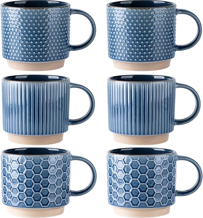 GBhome 12 OZ Stackable Coffee Mugs Set of 6, Ceramic Coffee Cups Set | 3 by GBhome
