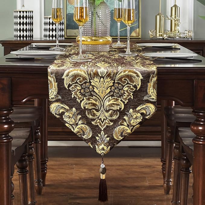 Glittering Colorful Jacquard Table Runner 72 inches Long Dark Brown | Chenille - Image 7