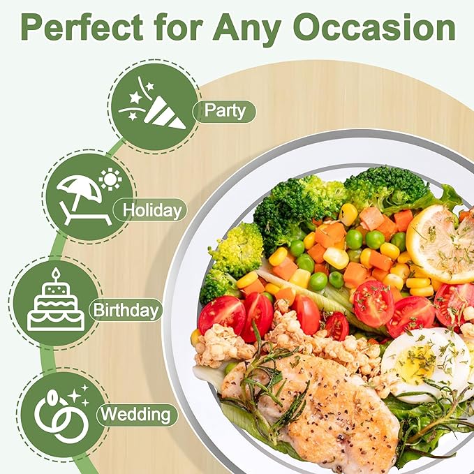 200 PCS Silver Plastic Plates, Silver Disposable Party Plates, Premium Christmas Plastic Plate Include 100 Dinner Platos 10'' and 100 Dessert Platos 7'' Perfect for Birthday, Christmas & Party