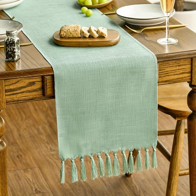 Artoid Mode Sage Green Spring Tassel Table Runner, Boho Linen Blend Rustic by ArtoidMode
