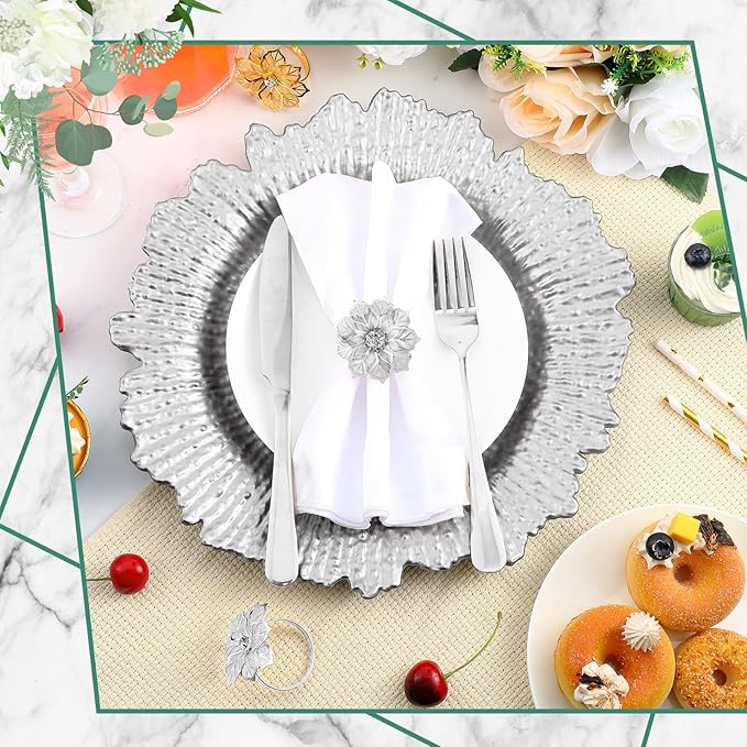 Dandat 100 Pcs Charger Plate Bulk 13'' Floral Reef Plates with Napkin Ring Plastic Dinner Charger Hollow Out Flower Napkin Holder Plastic Plate for Table Setting Wedding Party (Silver)