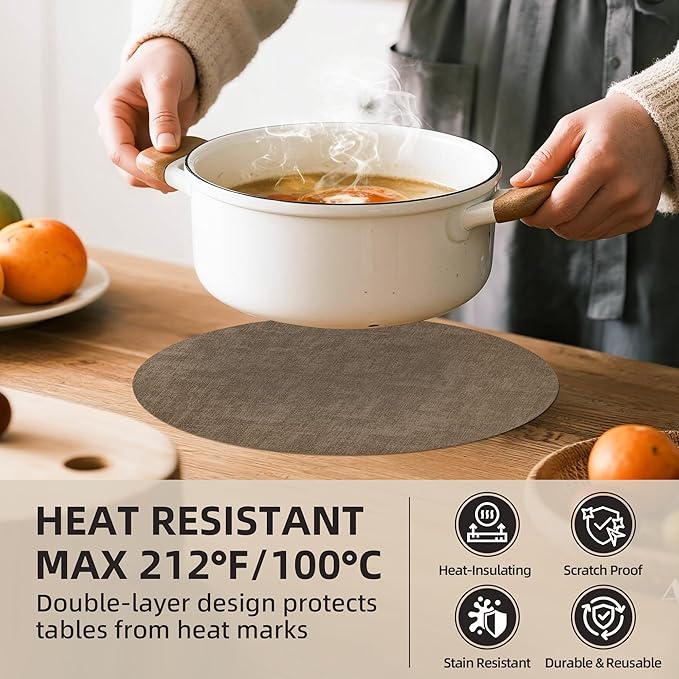 15 inch Faux Leather Round Placemats Set of 6 Non-Slip Washable Wipeable Table Mats, Heat Resistant Waterproof Oilproof Dark Coffee Place Mats for Kitchen, Dining, Party, Indoor, Outdoor