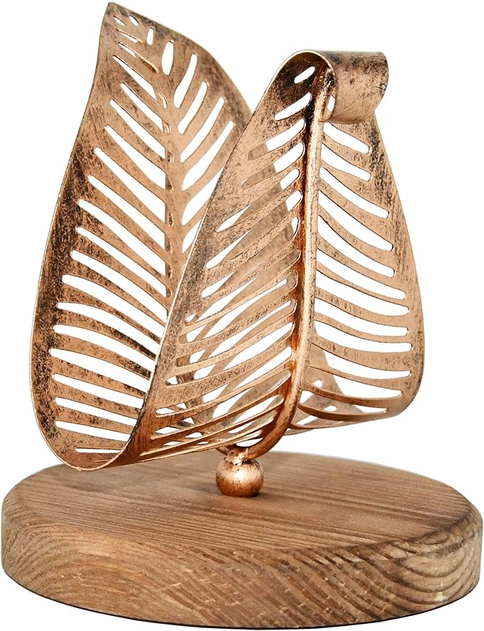 OwlGift Freestanding Modern Napkin Holder w/Bronze Metal Leaf & Brown Wooden Base Design, Tabletop Tissue Dispenser, Napkin Storage Organizer