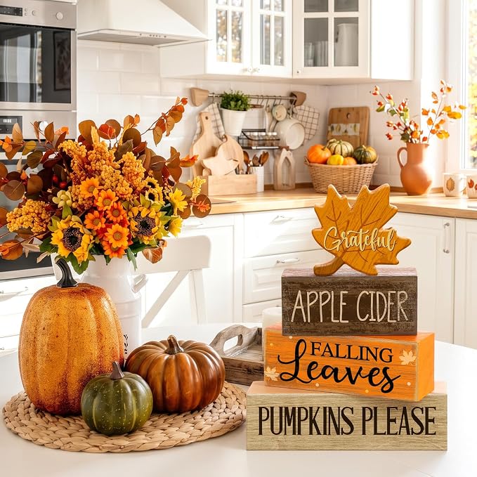 Moucuny 4 Pcs Fall Decoration for Home Wooden Maple Leaf Thanksgiving Table - Image 4
