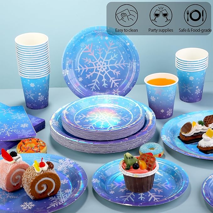 Kochorie 96 Pieces Frozen Iridescent Winter Snowflake Birthday Party Supplies Snowflake Tableware Set Disposable Paper Plates Cups Napkins Serve 24 Guests for Christmas Winter Wonderland Decorations