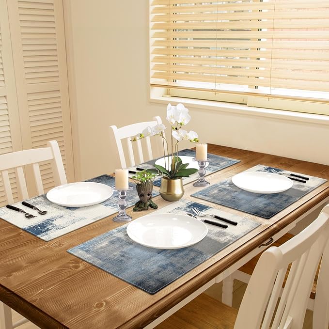 Emvency Farmhouse Placemats Set of 4, Vintage Blue and Grey Abstract Art Painting 12x18 Inch Table Mats for Outdoor Home Party Kitchen Dining Decoration