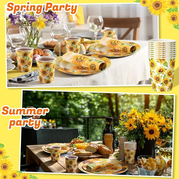 Pickmesh 250 Pcs Sunflower Birthday Disposable Tableware Set Floral Themed Disposable Paper Plates Napkins and Cups for Birthday Wedding Bridal Shower Baby Shower Tea Party Supplies