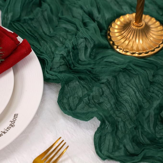 Snowkingdom Emerald Green Table Runner 120 Inch 10 Ft Rustic Boho Dark Green - Image 2