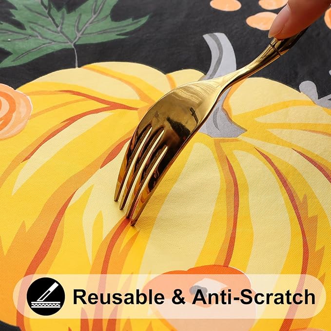 Smiry Plastic Thanksgiving Tablecloth, Pumpkin Waterproof Elastic Fitted Table Covers for 8 Foot Tables, Wipeable Flannel Backed Vinyl Tablecloths for Autumn Harvest, Parties (Black, 30x96 Inches)