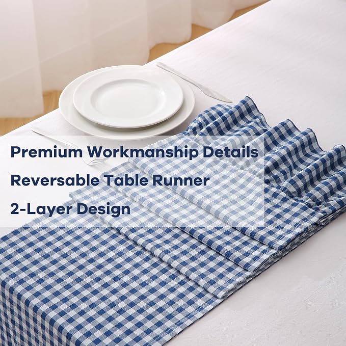 Navy Blue White Plaid Gingham Ruffle Table Runner 120 inches Long 100% Washed - Image 5