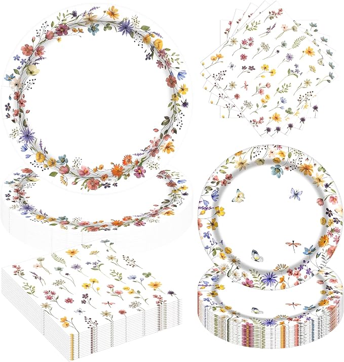 60Pcs Wildflower Paper Plates and Napkins Party Supply, Serves 20 | Floral Baby by BORAENDEY