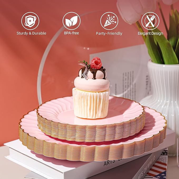 Lullaby 60PCS Pink Scalloped Plastic Plates - Image 3