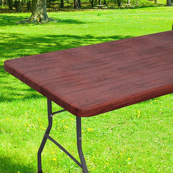 Smiry Rectangle Table Cloth Cover, Waterproof Elastic Fitted Picnic Tablecloth for 5 Foot Tables, Wipeable Flannel Backed Vinyl Tablecloths for Camping, Dining, Outdoor (Reddish Brown, 30" x 60")