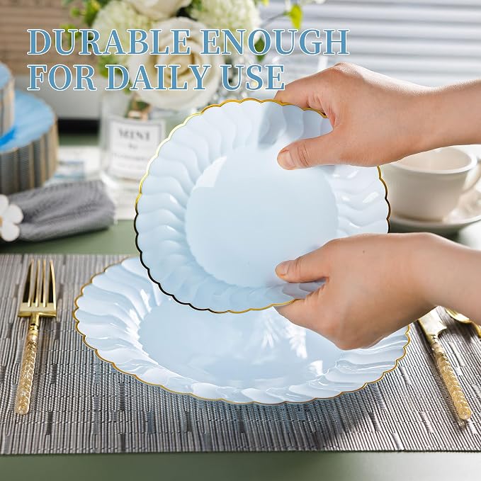 Lullaby 60PCS Light Blue Scalloped Plastic Plates - Image 7