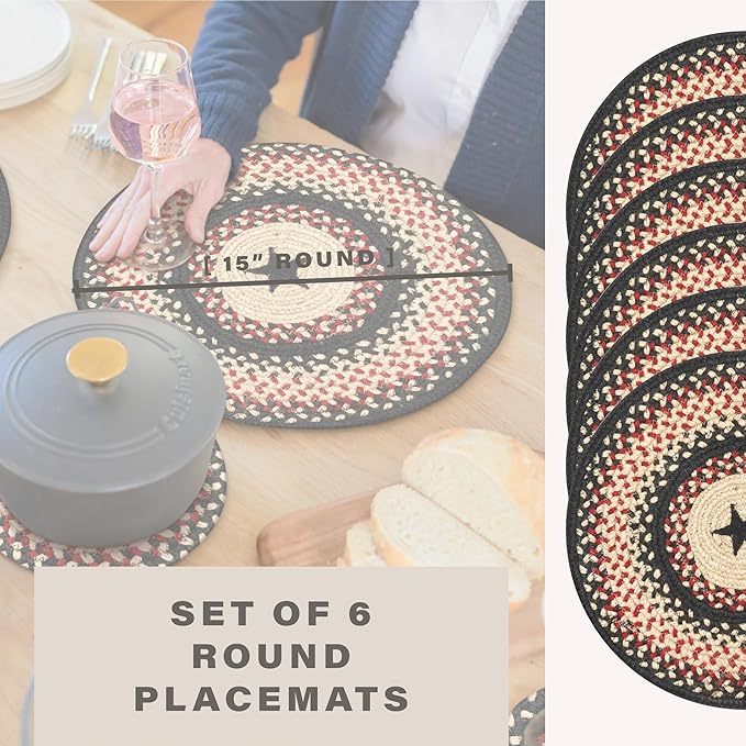 Homespice Primitive Star Gloucester Jute Woven Round Placemats Set of 6, 15", Warm Primitive Decor, Black and Red Table Mats - Vibrant Colors, Durable, Easy to Clean and Protects Furniture