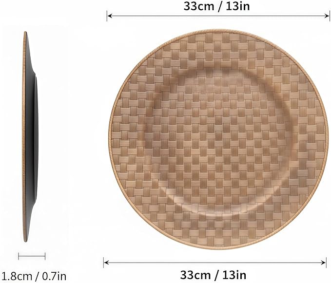 13 Inch Antique Gold Charger Plates Set of 6 Round Plastic Plates Matte Finish Faux Rattan Woven Texture Charger plates for Wedding Party Christmas (634)